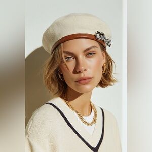 DKNY Beige Beret with Leather Accent